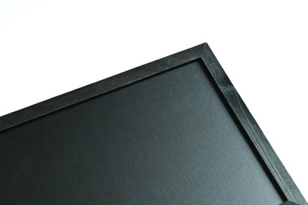 blank clean new chalkboard in wooden frame isolated on white background, blackboard for education...