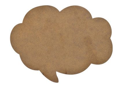 empty brown wooden speech bubble in the form of a cloud isolated on white backgroundの写真素材