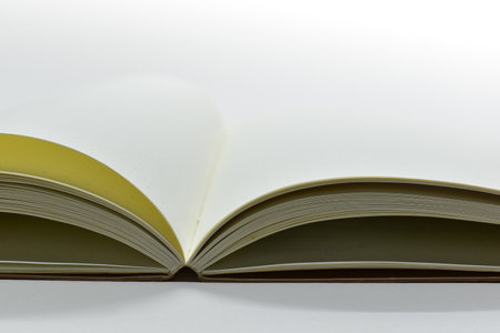 top view image of open notebook with blank page, spotted paper texture isolated on white background