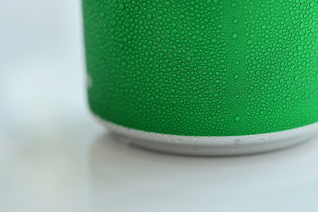 water drop on green beverage cans background, texture of cold aluminium package