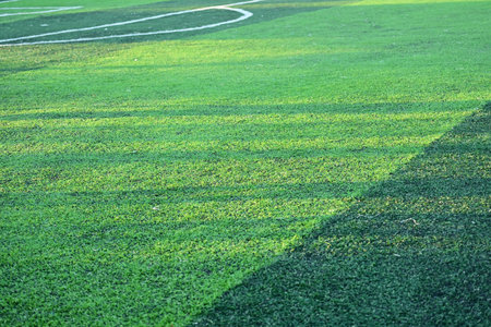 artificial green grass soccer field with sunlight, training football yard