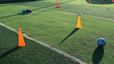artificial green grass soccer field with training cone and ball