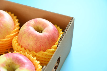 beautiful pink apple in the box on blue background