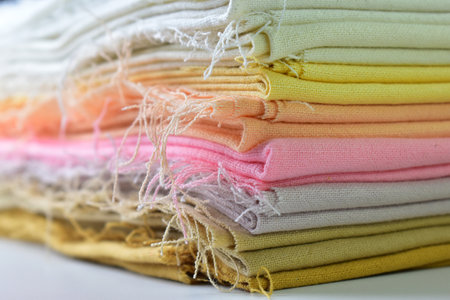 stack of colourful cotton clothes, pile of clothing on white backgroundの写真素材