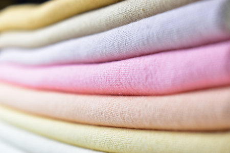 stack of colourful cotton clothes, close up pile of clothing