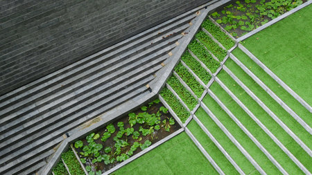 artificial green grass on staircase, exterior design for homeの写真素材