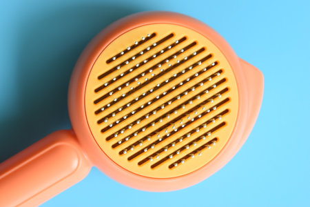 pastel orange comb on blue background, hair brush for petの写真素材