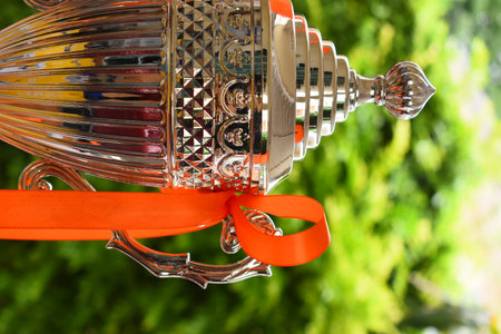 beautiful golden trophy with orange ribbon on green tree backgroundの写真素材