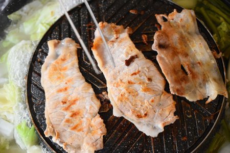 pork barbecue on frying pan, Thai style cuisineの写真素材