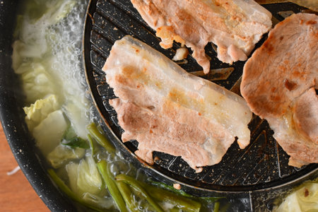 pork barbecue on frying pan, Thai style cuisineの写真素材