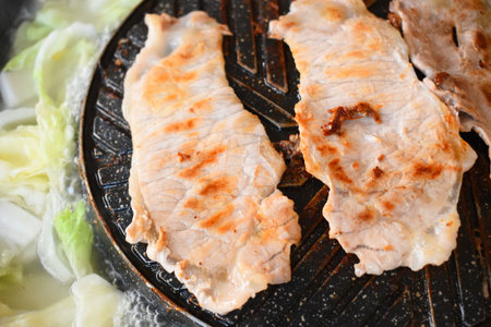 pork barbecue on frying pan, Thai style cuisineの写真素材