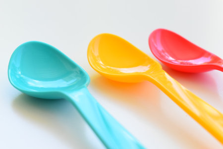 colorful spoon isolated on white background, plastic cutlery for picnicの写真素材