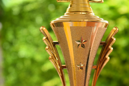beautiful golden trophy of football contest on green tree backgroundの写真素材
