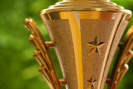beautiful golden trophy of football contest on green tree backgroundの写真素材