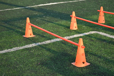 equipment of football on green grass background, object of sport