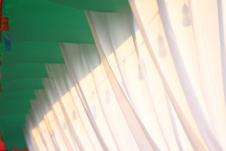 white, green and red curtain decorate for party in the gardenの写真素材