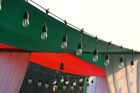 vintage light bulb hang on equipment of party in the eveningの写真素材