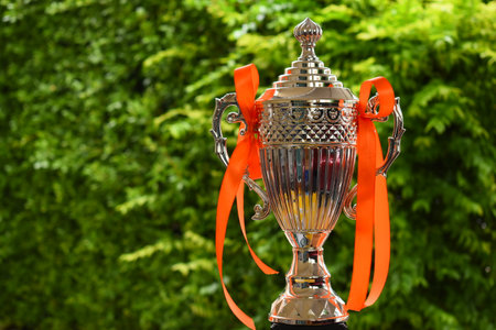 beautiful golden trophy with orange ribbon on green tree backgroundの写真素材