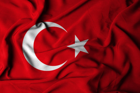 Fokus selektif bendera turkish, dengan tekstur kain melambai. Ilustrasi 3D