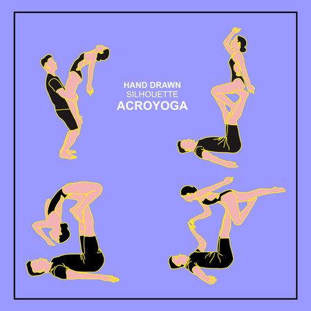 vector set of Woman doing fitness and yoga exercises. Set of young women and men doing yoga and fitness exercises.のイラスト素材