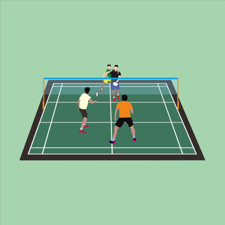 flat vector illustration, men's doubles couple playing badminton. Hold the racket relaxed. Green badminton court isolated on whiteのイラスト素材