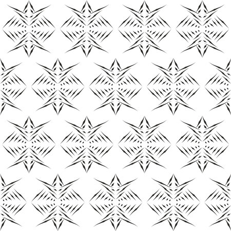 vintage ethnic boho seamless abstract geometric brush ornament black and white colors, layered twig shapes. textile design wallpaper, clothing, wrapping, Batik, fabricのイラスト素材