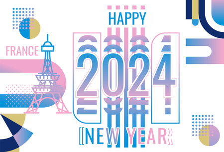 Paris themed HAPPY NEW YEAR 2024 vector banner design. Abstract festive geometric decoration, pink, white, dark blue, turquoise. modern styleのイラスト素材