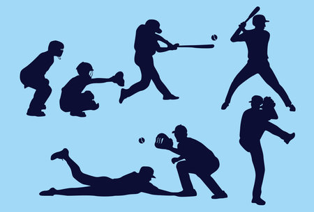 collection of baseball silhouette players. baseball hitting technique.isolatedのイラスト素材