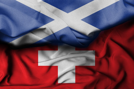 Scotland flag illustration combines Swiss flag, satin texture waving decoration background. 3d illustrationの写真素材