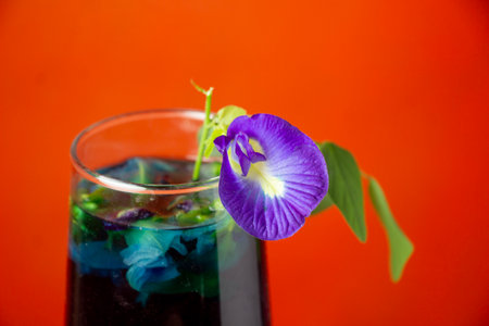 Garnish with purple flowers or butterfly pea flowers on a wine glass with an orange backgroundの写真素材