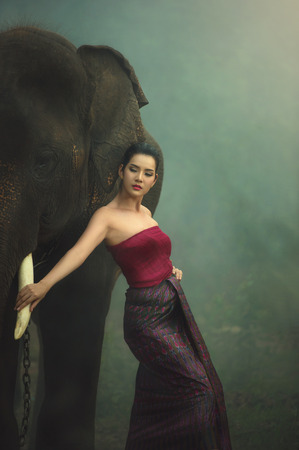 The elephant with woman in traditional dressの写真素材