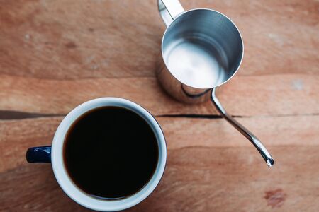 Top view espresso coffee and cup on wooden の写真素材