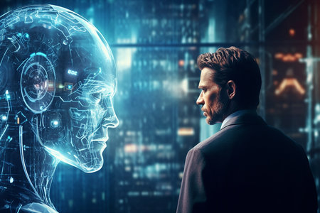 Man connecting Ai robot in the lab room with Ai Generatorの素材