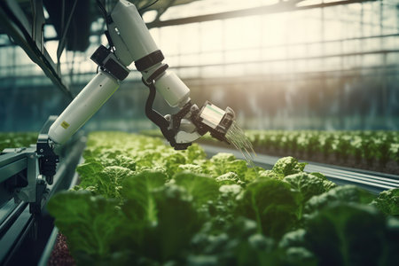 Robot arm watering vegetables Hydroponics Smart Farming with Ai Generatedの素材