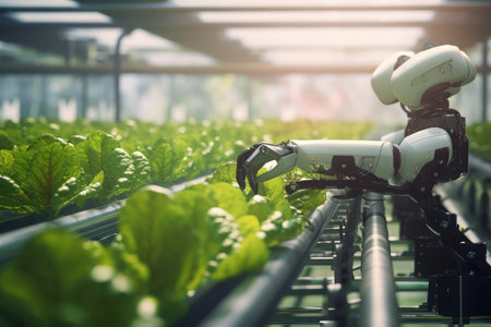 Hitech smart farming the robotic working in the hydroponic greenhouse with Ai Generatedの素材