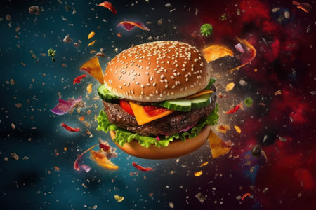 A hamburger flying on black background with Ai Generatedの素材
