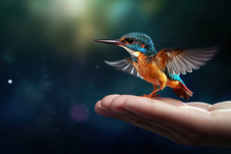 Kingfisher bird feeding on a hand with Ai Generatedの素材