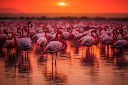 flamingos in the lake during sunset time with Ai Generatedの素材