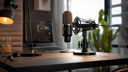 a wireless microphone on the table ready to use for the podcast with Ai Generatedの素材