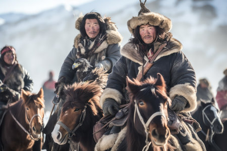 group of people riding a horse Traditional Mongolian eagle hunter. Generative Aiの素材