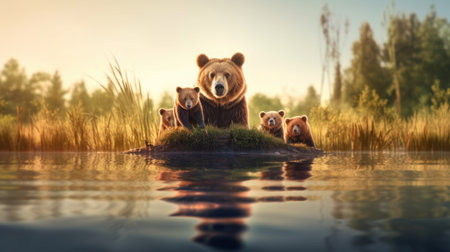 The family bears on the lake. Generative Aiの素材