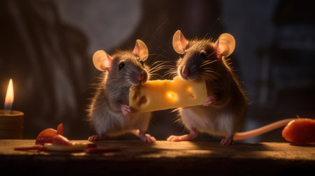Two mice holding cheese eating. Generative Aiの素材