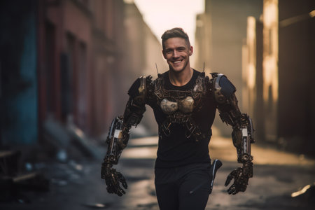 portrait of a person man half robotic smiling outdoors. Generative Aiの素材