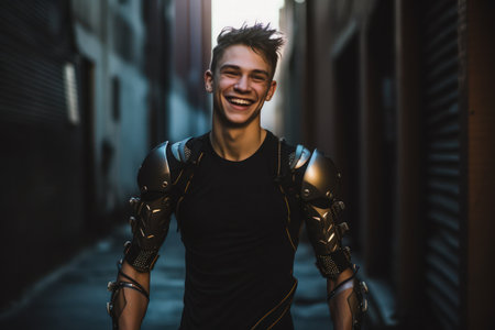 portrait of a man half robotic smiling. Generative Aiの素材