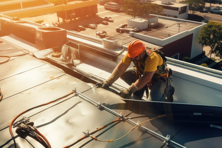 Solar technician repairman working on the solar rooftop. Generative Aiの素材