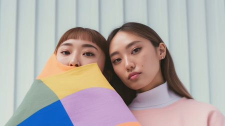 two women lesbian couples and pride flag LGBT conceptの素材