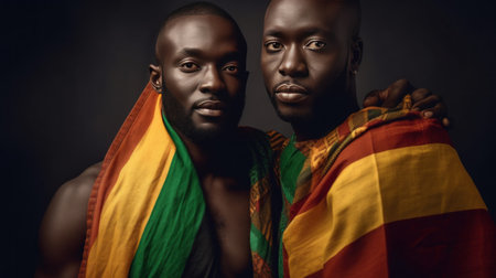 African couples male LGBT with Pride flagの素材