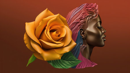 Black head women with rose flowers on the color backgroundの素材