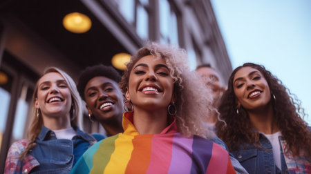 group of people in the city celebrating pride togetherの素材