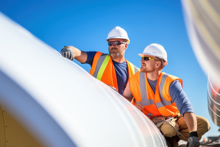 workers on high site wind turbine constructionの素材